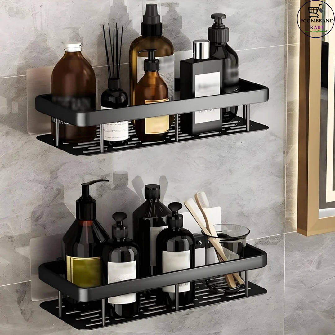 Multipurpose Self-Adhesive Aluminium Bathroom Wall Mounted Storage Organizer Shelf Holder/Rack/Bathroom Accessories (Pack of 2, Black)