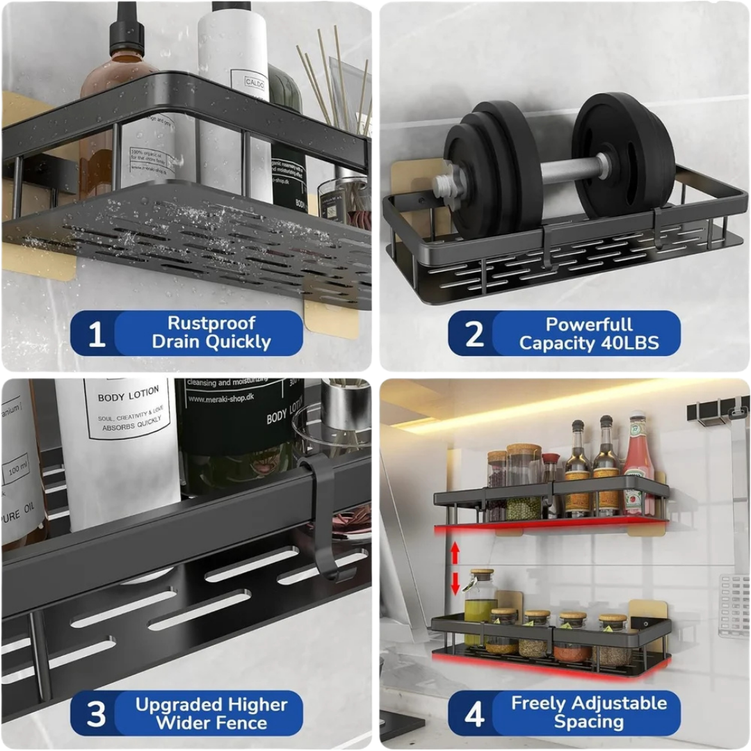 Multipurpose Self-Adhesive Aluminium Bathroom Wall Mounted Storage Organizer Shelf Holder/Rack/Bathroom Accessories (Pack of 2, Black)