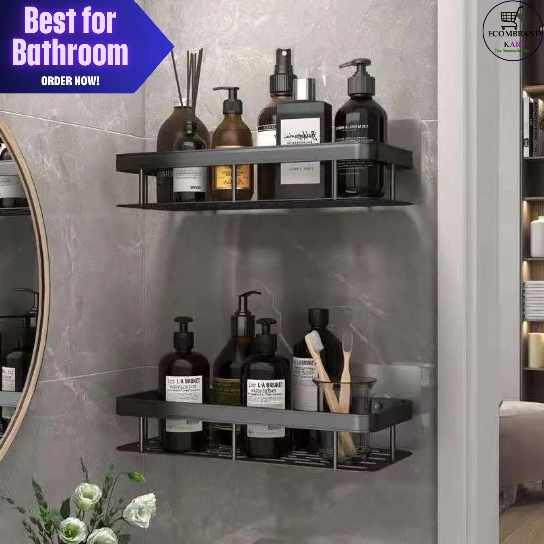 Multipurpose Self-Adhesive Aluminium Bathroom Wall Mounted Storage Organizer Shelf Holder/Rack/Bathroom Accessories (Pack of 2, Black)