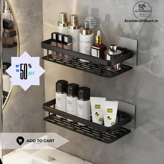 Multipurpose Self-Adhesive Aluminium Bathroom Wall Mounted Storage Organizer Shelf Holder/Rack/Bathroom Accessories (Pack of 2, Black)